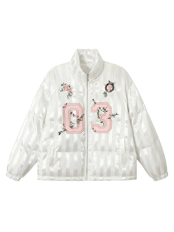 Floral Letter Embroidered Stand Collar Cotton Coat