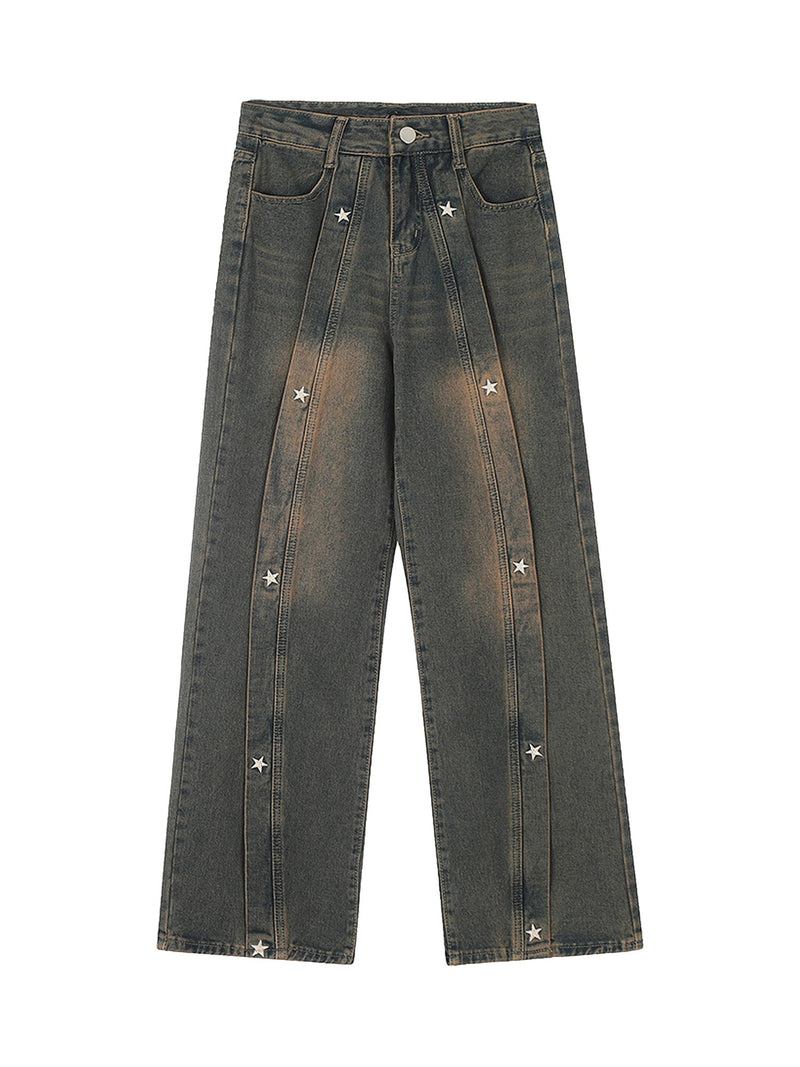 American Retro Spray-painted Star Embroidered Jeans