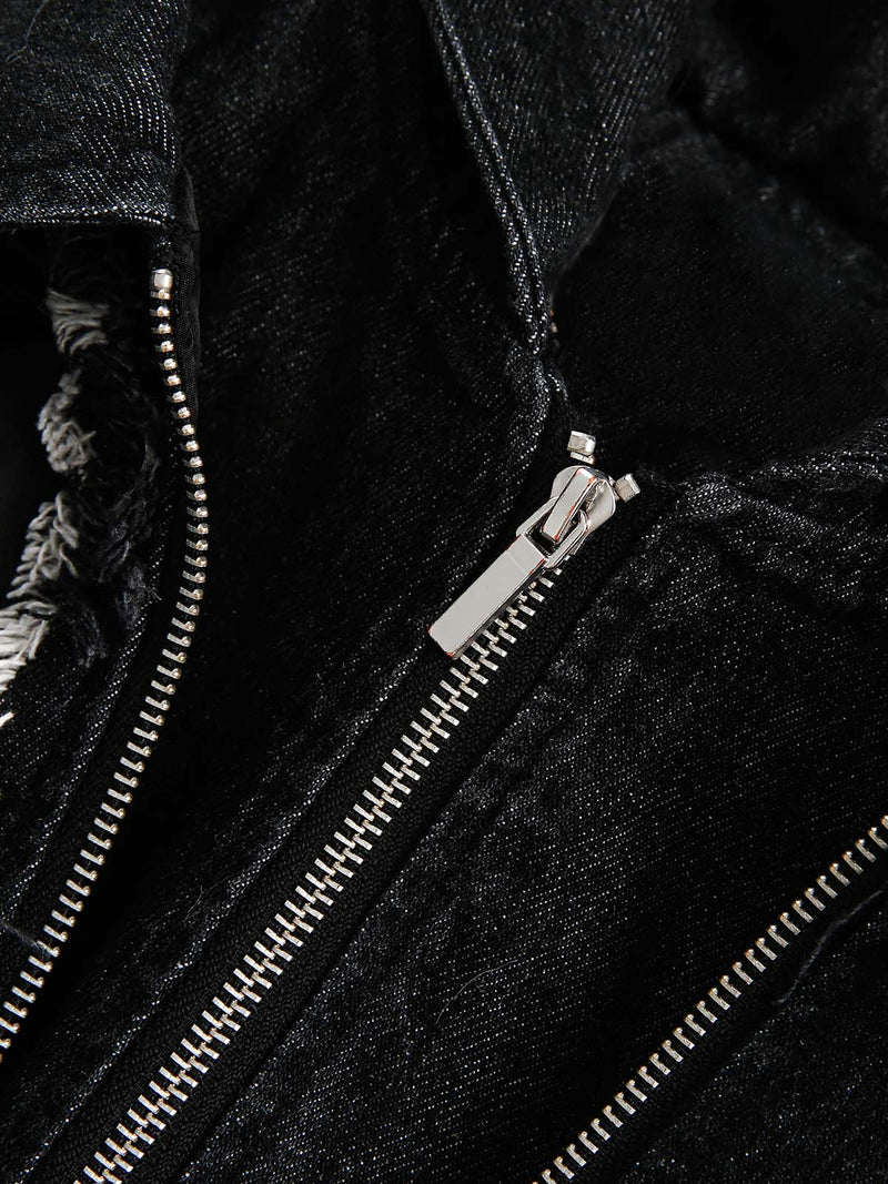 Raw Edge Spliced Hooded Denim Jacket