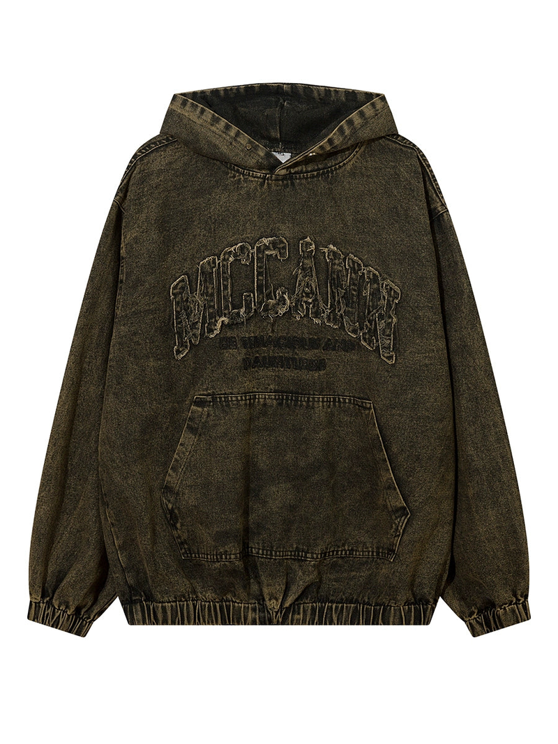 Distressed Logo Denim Hoodie - chiclara