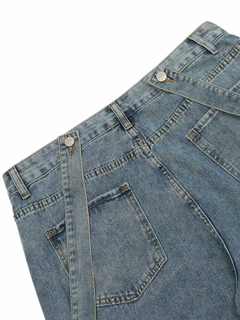 Retro Detachable Strap Multi-Pocket Jeans