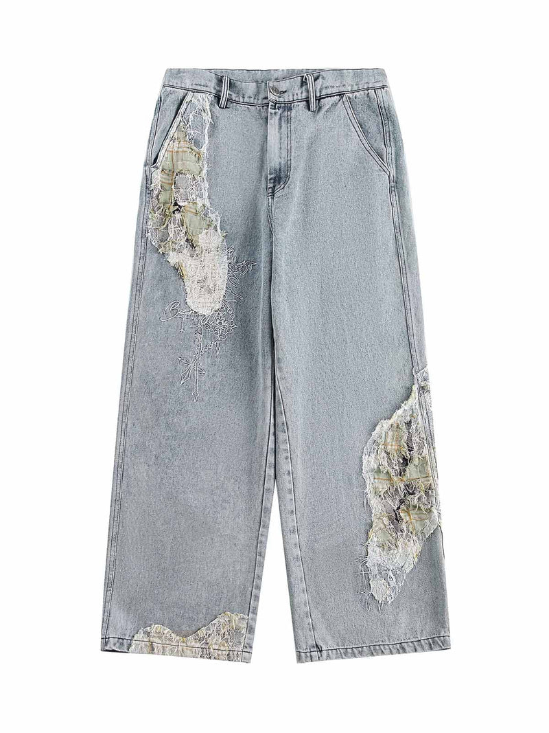 Washed Ripped Lace Spliced Denim Set