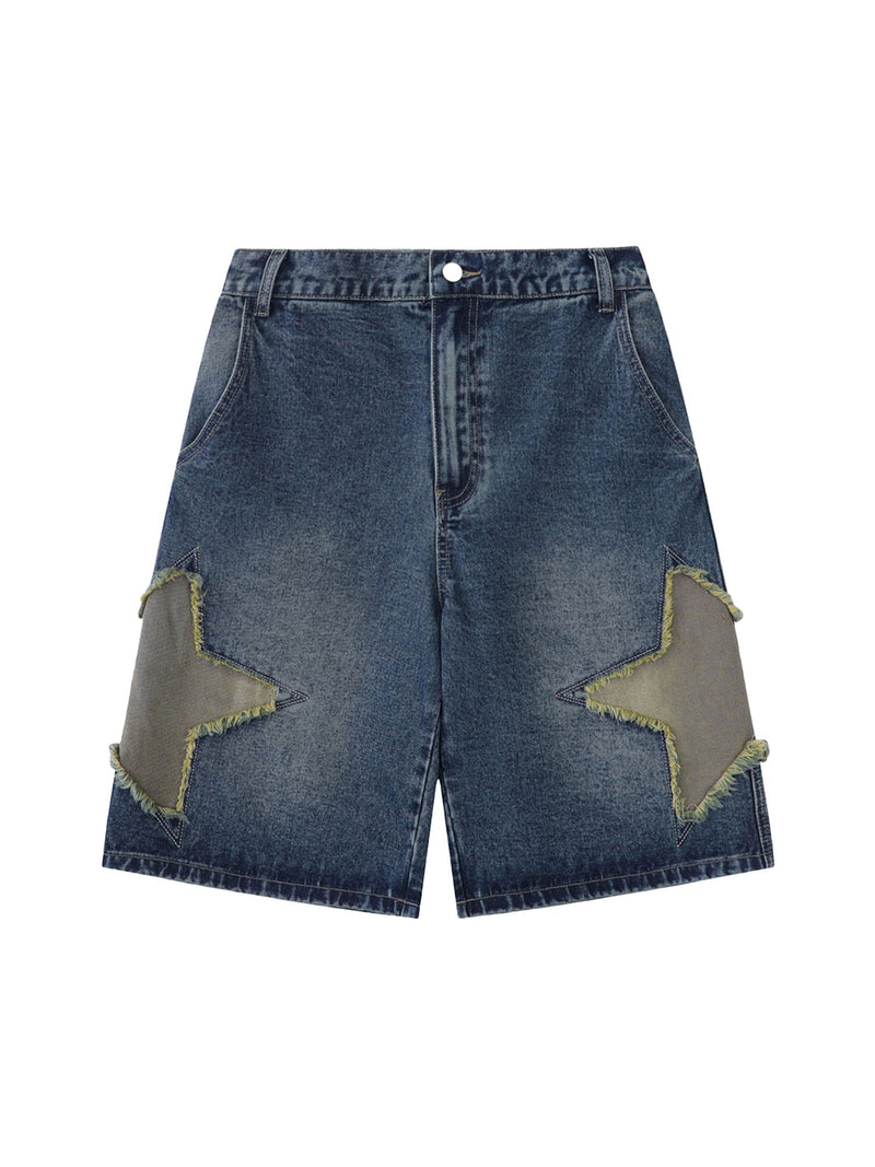 Street Patchwork Star Embroidered Denim Shorts