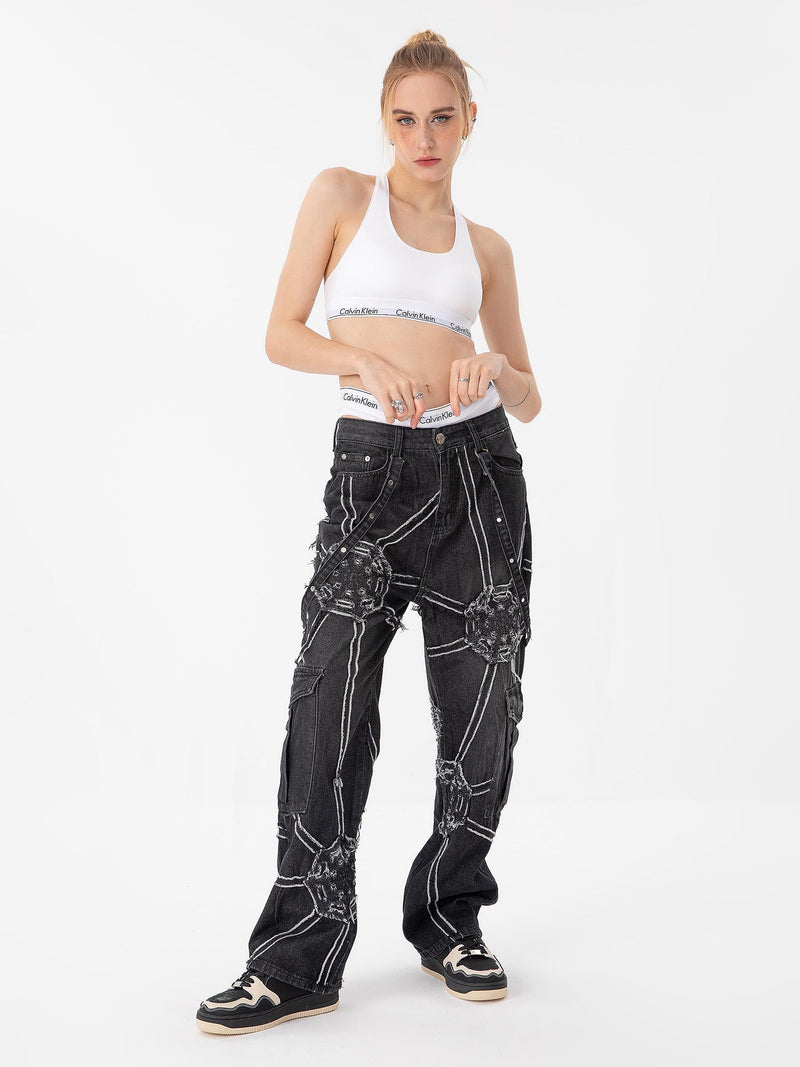 High Street Hip-Hop Spider Web Denim Pants