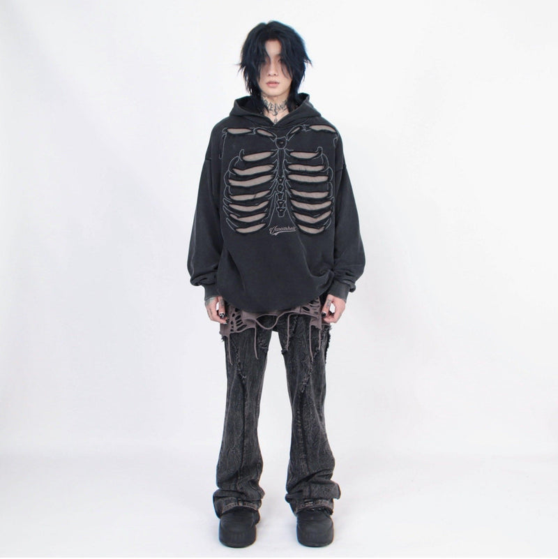 Distressed Skeleton Cutout Hoodie