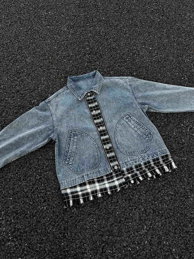 Washed Distressed Patchwork Faux Two-Piece Denim Jacket