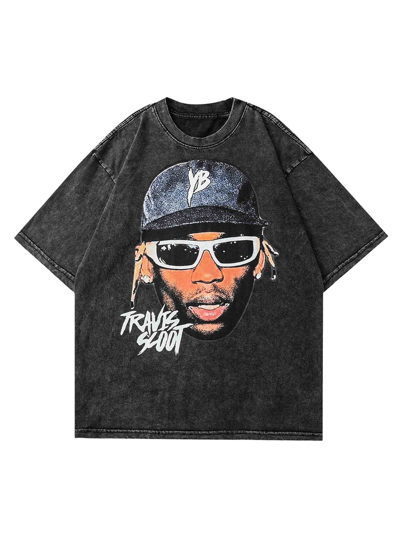 American Hip-hop Washed Old Printed T-shirt