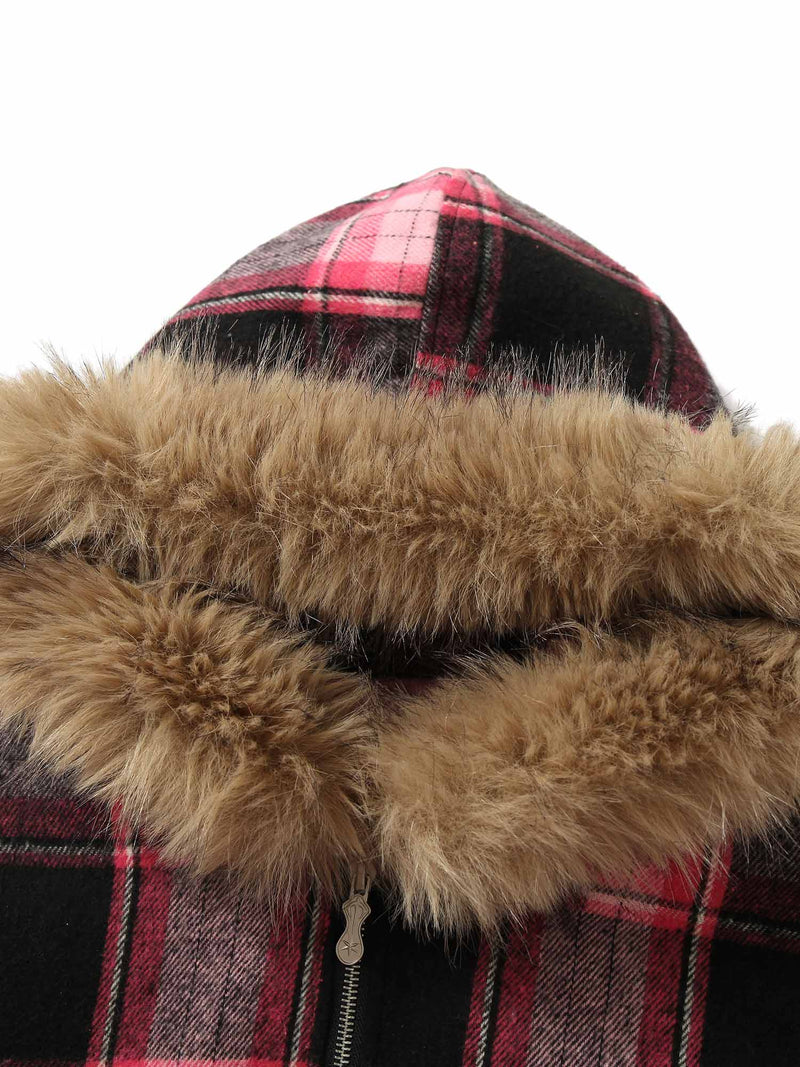 Beaded Fur Collar Padded Plaid Jacket