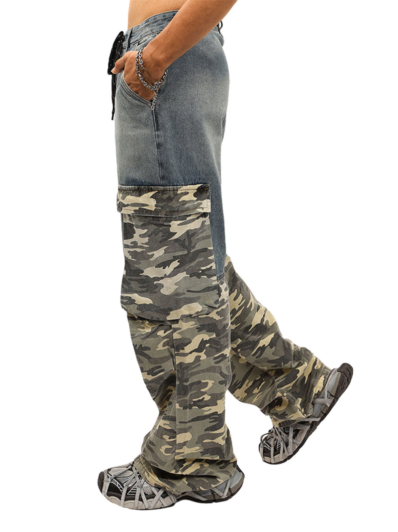 Drawstring Washed Camouflage Cargo Jeans