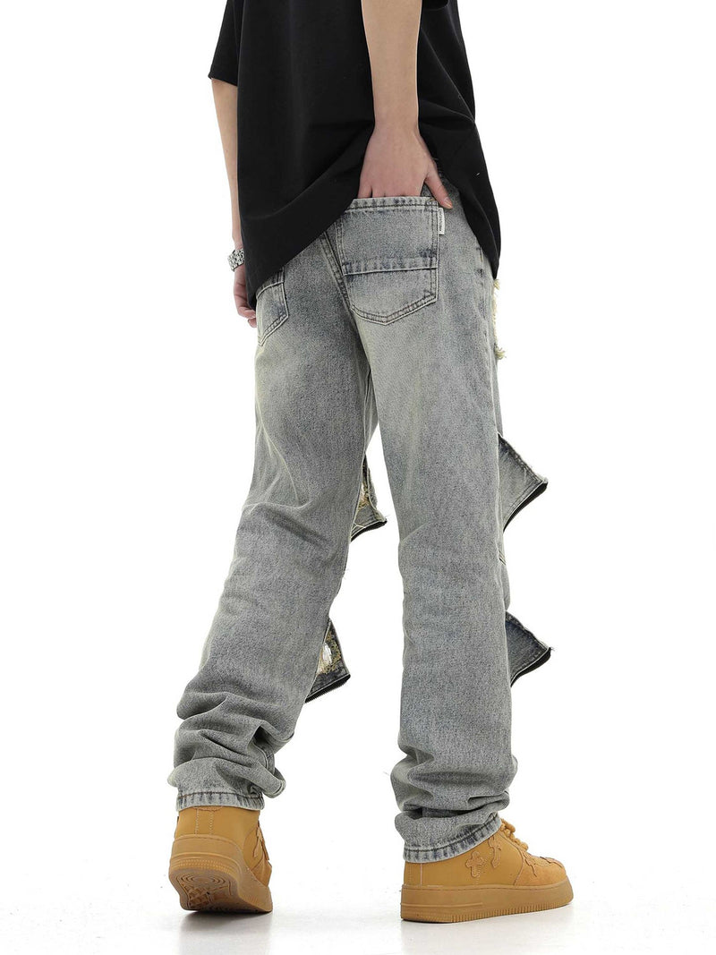 High Street Washed And Torn Work Pockets Denim Pants