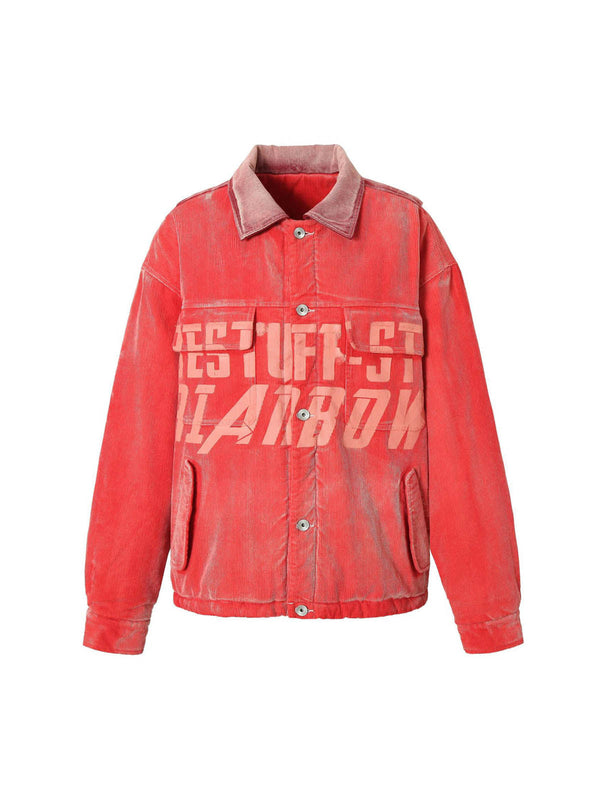 Distressed Printed Stand Collar Corduroy Jacket