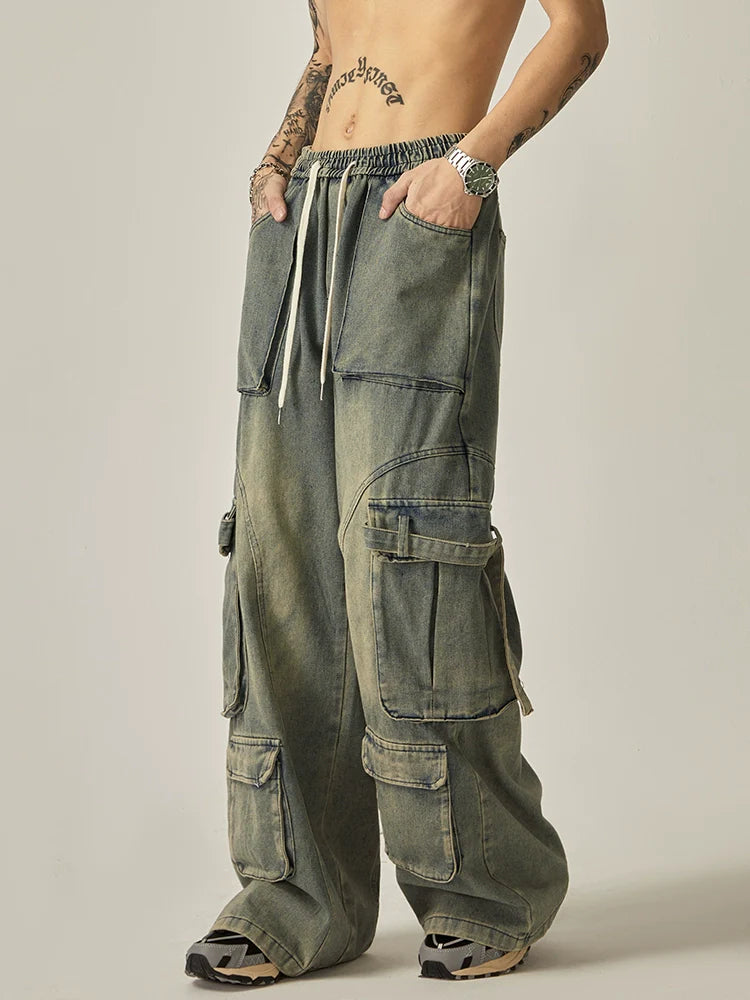 Oversized Washed Denim Cargo Pants