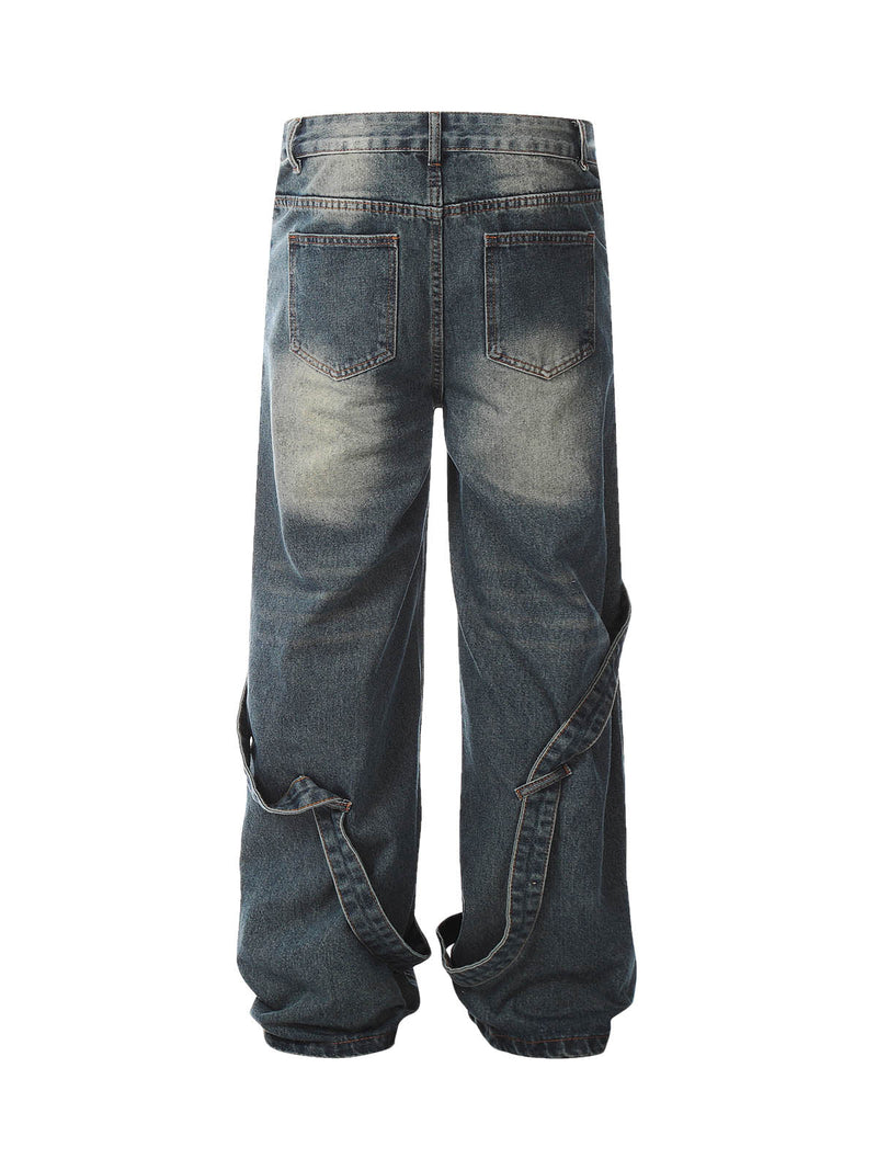 Washed Distressed Deconstructed Split Work Jeans