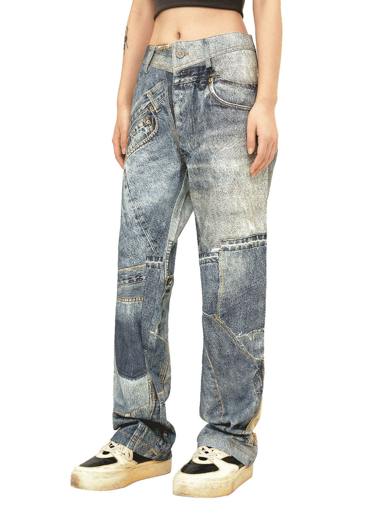 Street Hip-Hop Deconstructed Print Jeans