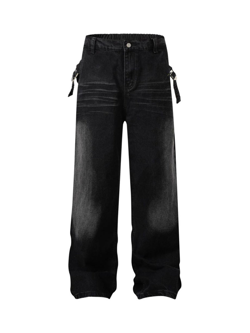 Washed Distressed Waistband Straight Jeans