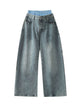 Washed Faux Two-Piece Baggy Jeans