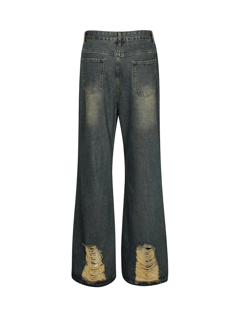 Distressed Patchwork Raw Edge Straight Jeans