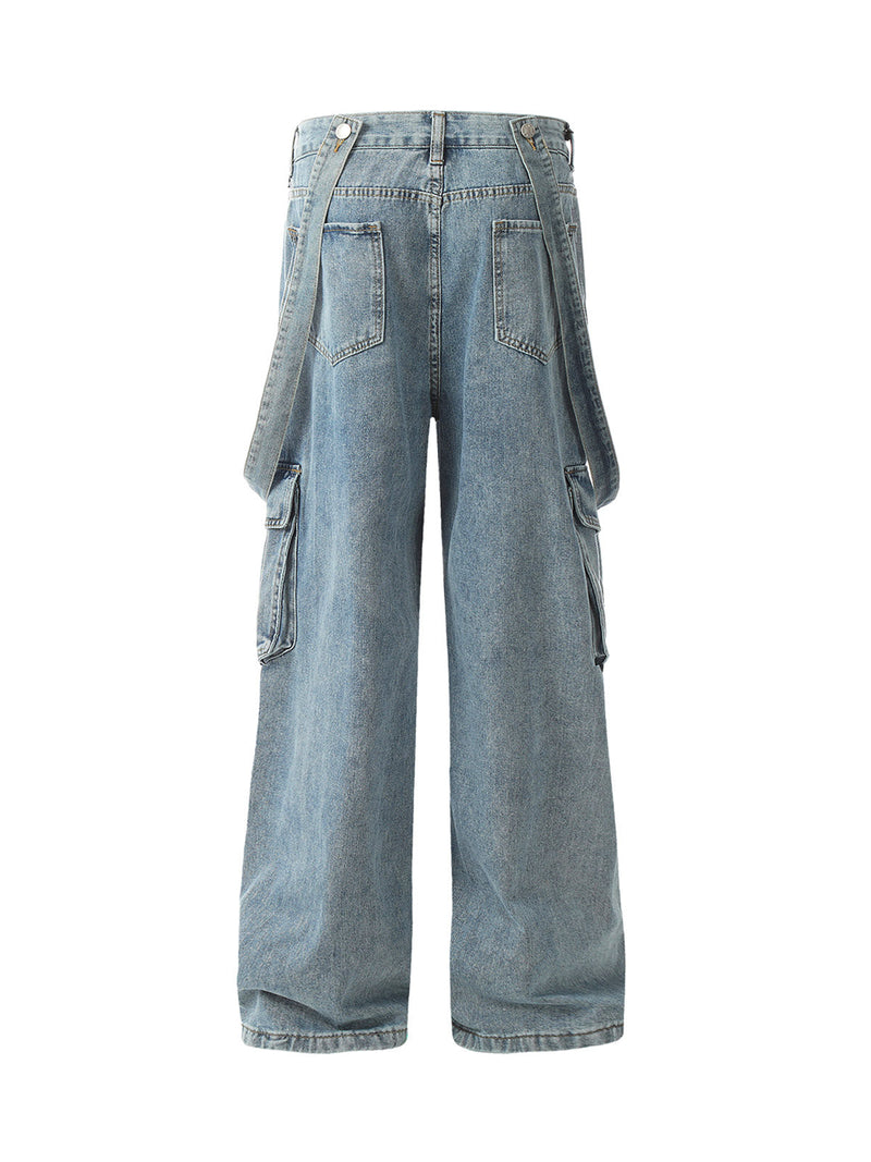 Retro Detachable Strap Multi-Pocket Jeans