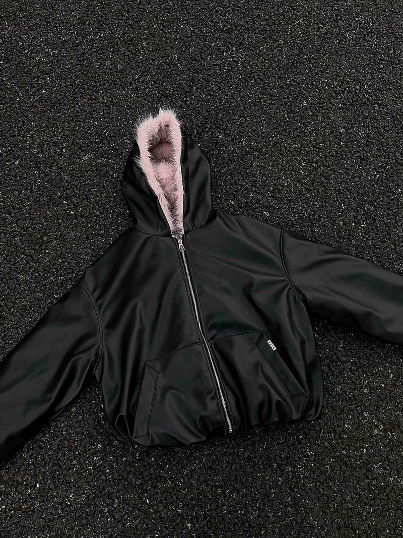 Leather Pink Fur Hooded Quilted Jacket