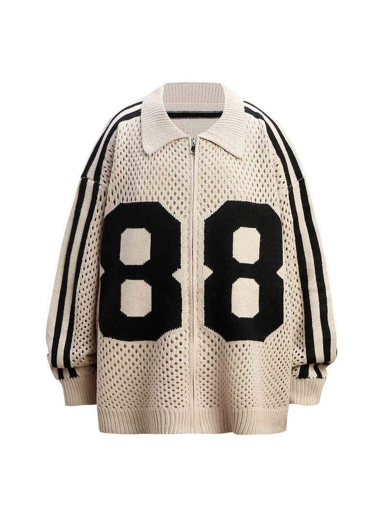 Jacquard Mesh Knit Zipper Polo Sweater