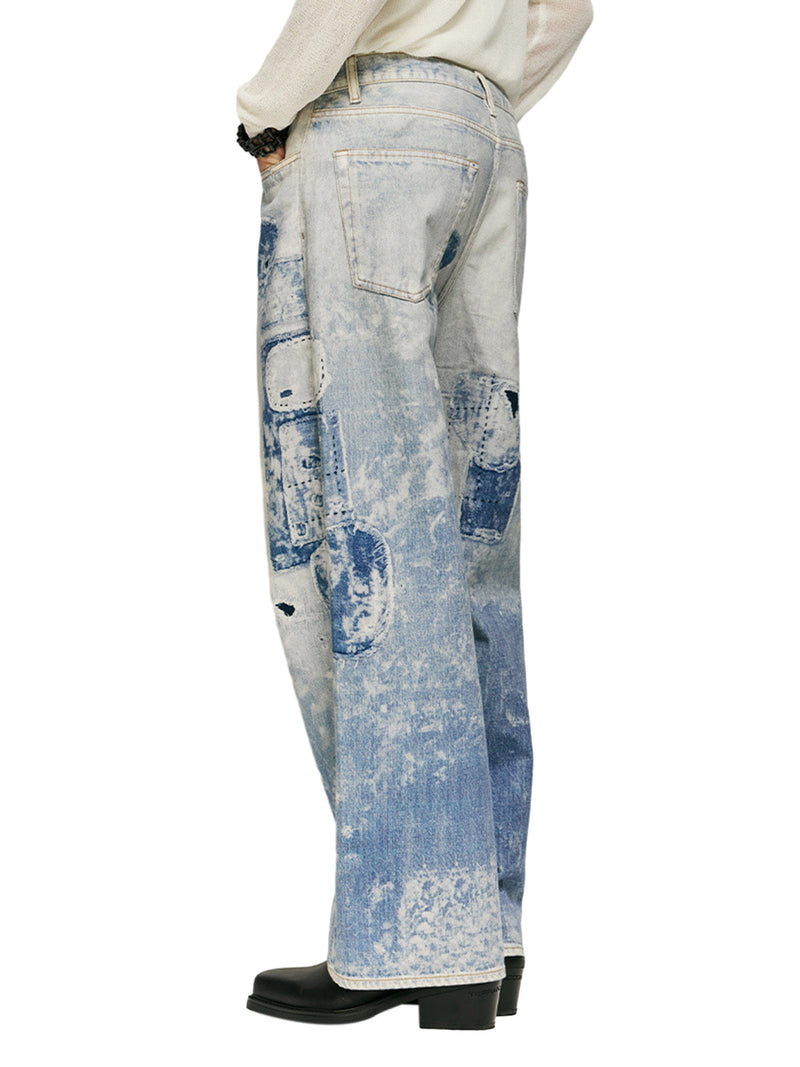 Washed Raw Edge Tie-dye Print Straight Jeans