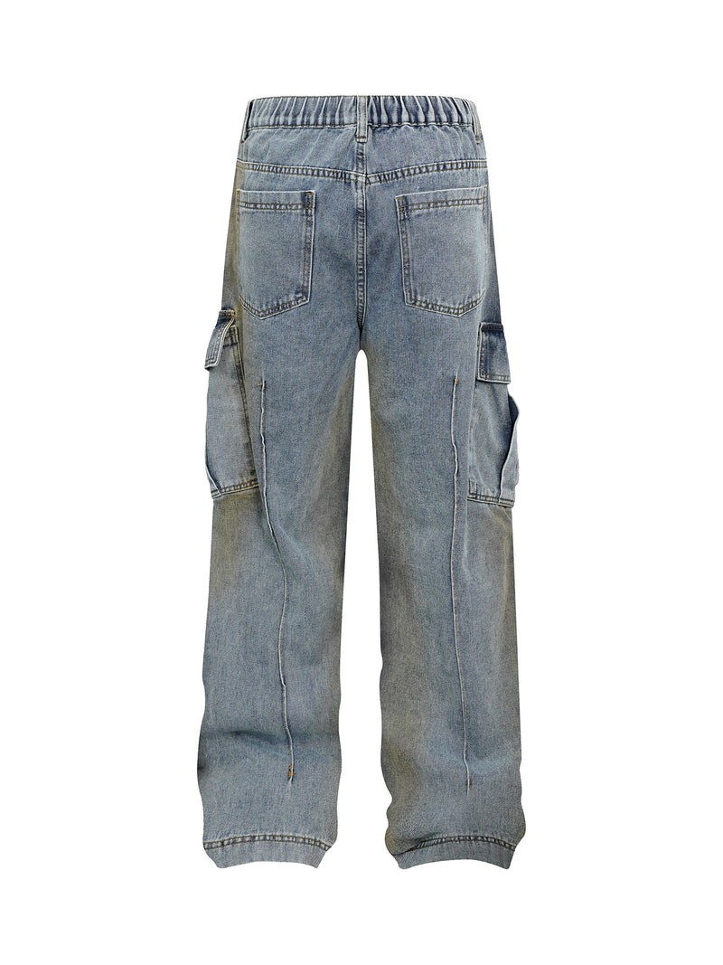 Washed Distressed Pleated Cargo Jeans