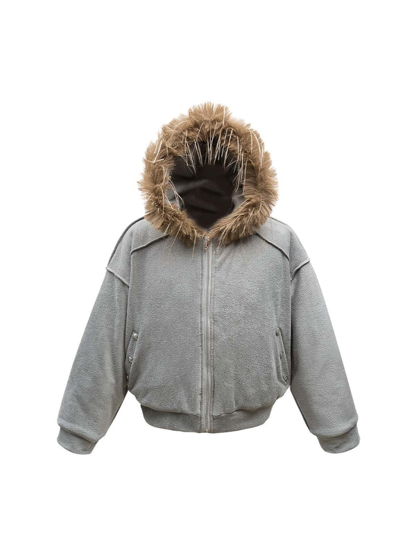 Raglan Sleeve Faux Fur Hooded Quilted Jacket