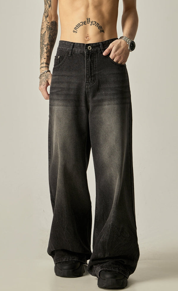 Wide-Leg Faded Black Denim Jeans