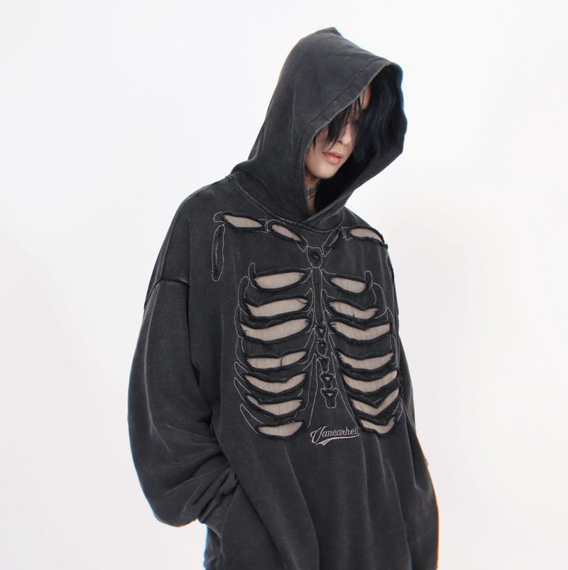 Distressed Skeleton Cutout Hoodie