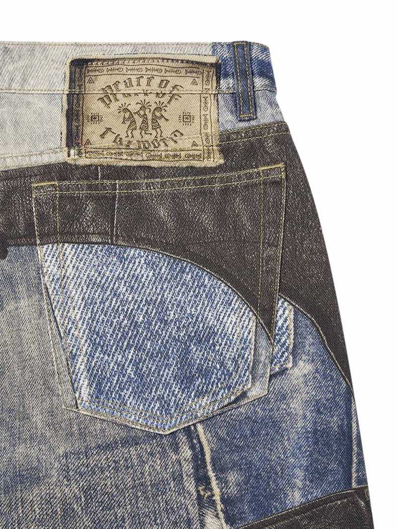 Washed Printed Patchwork Straight Jeans