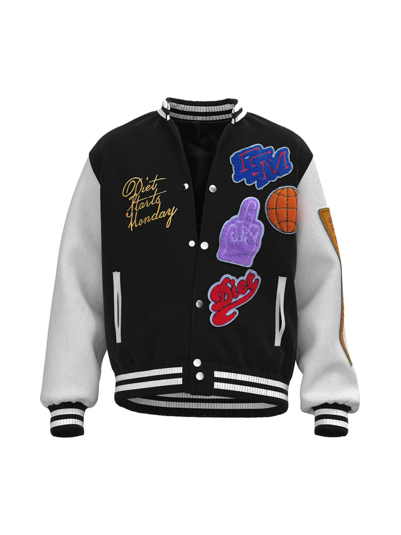 Leather Patchwork  Embroidery Quilted Bomber Jacket