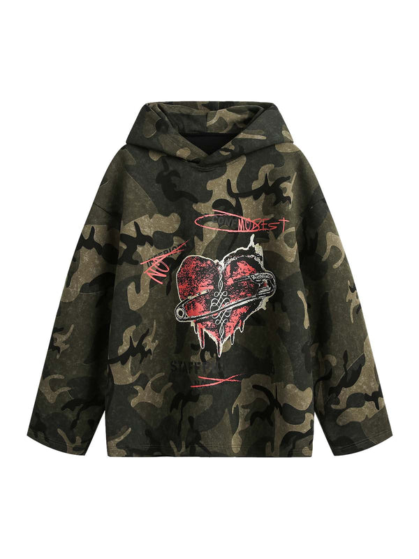 Vintage Camouflage Flame Heart Print Hoodie