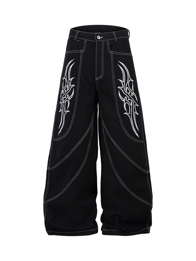 Deconstructed Contrast Embroidered Baggy Jeans