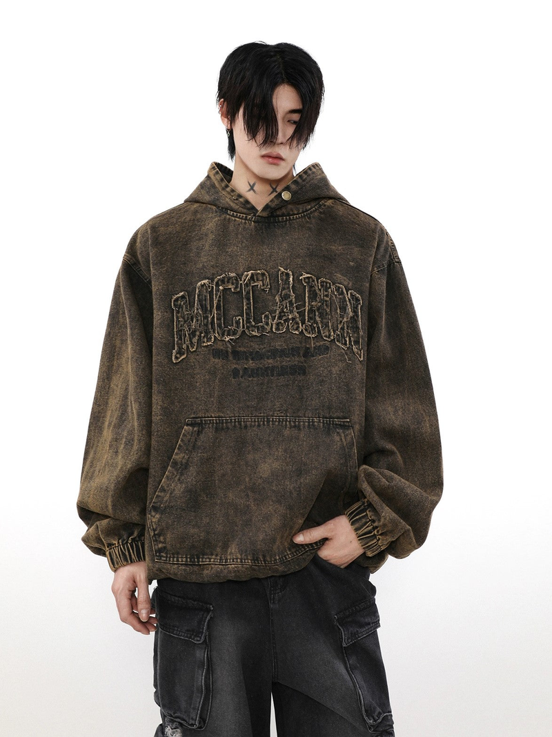 Distressed Logo Denim Hoodie - chiclara