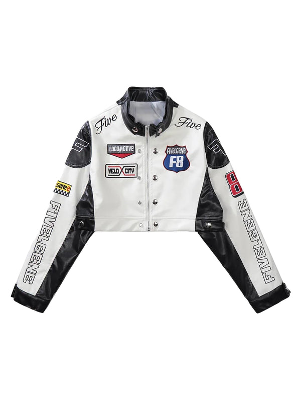 Badge Short PU Leather Racing Jacket