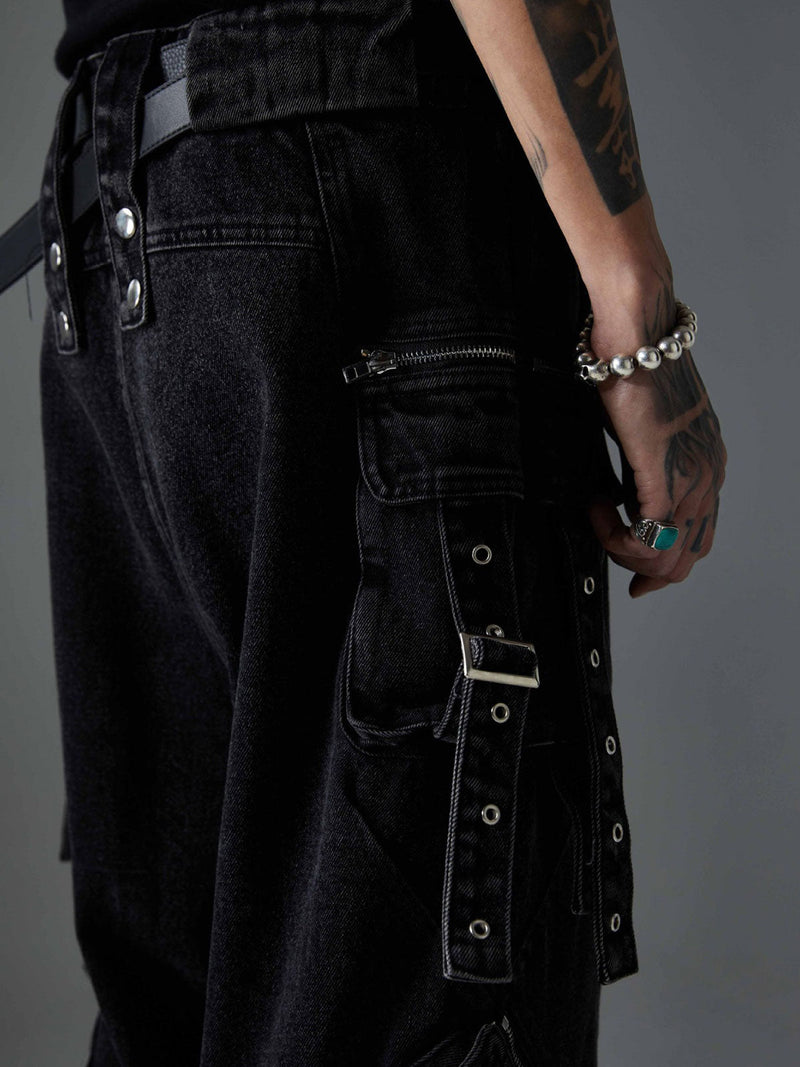 Multi-Pocket Exposed Zippers Baggy Jeans