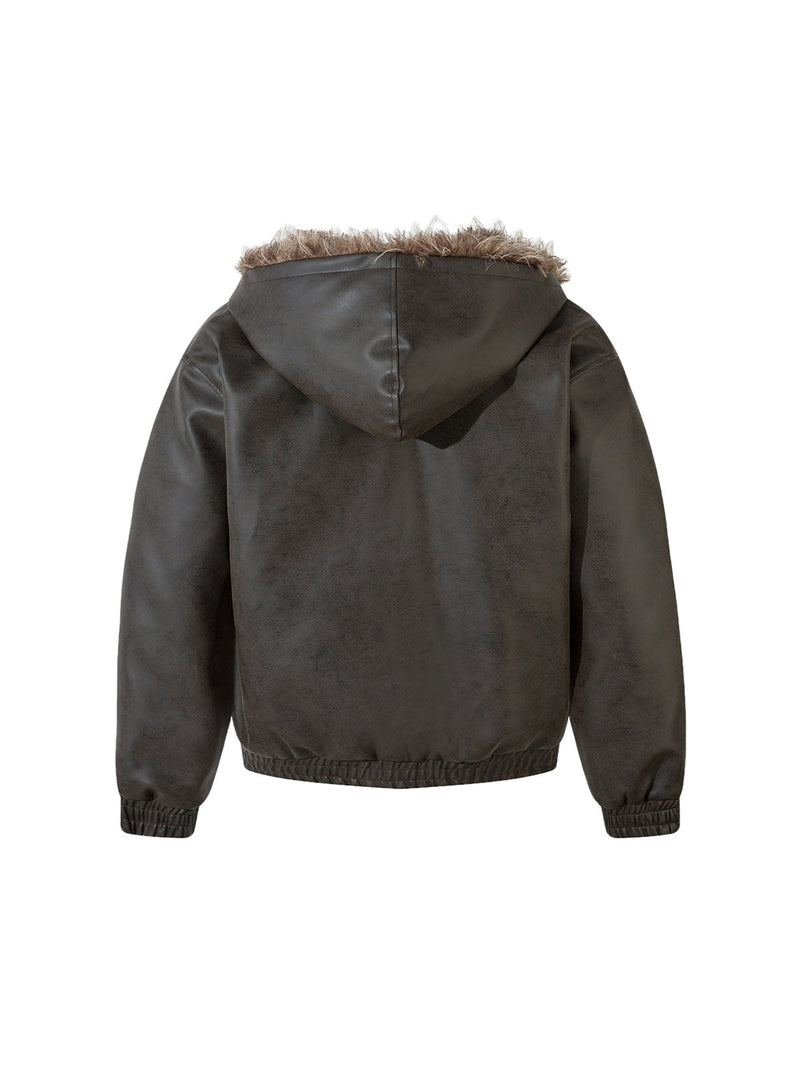 Leather Fur Hooded Fleece Jacket