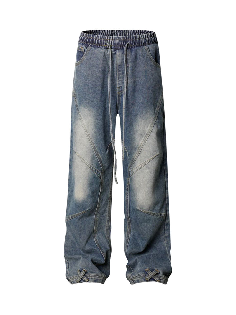 Washed Distressed Deconstructed Split Drawstring Jeans