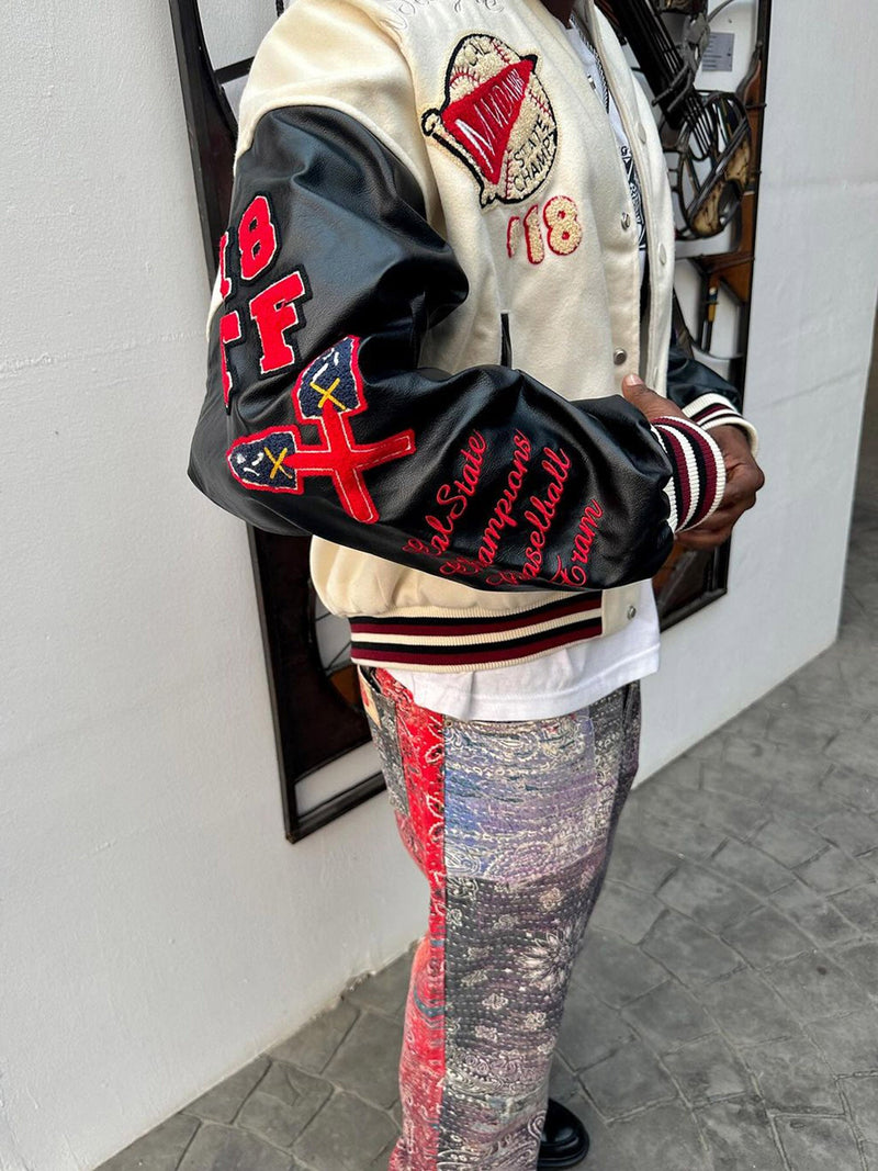 Patchwork PU Leather Embroidered Alphabet Baseball Jacket