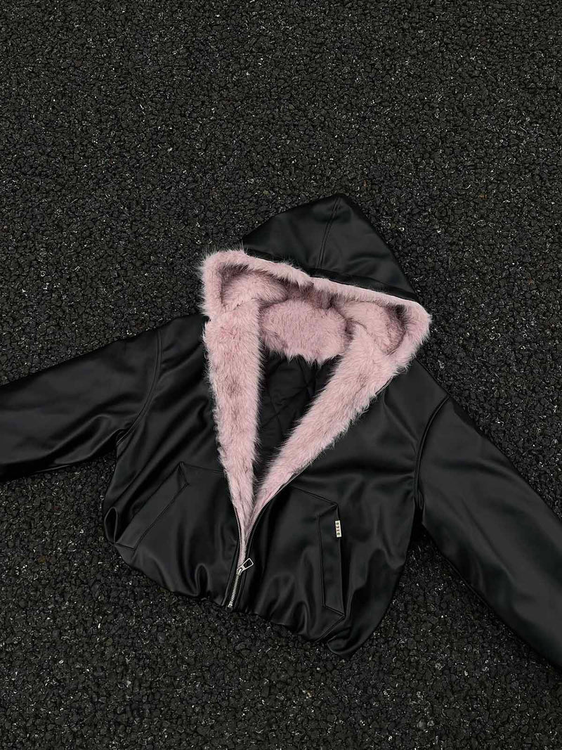 Leather Pink Fur Hooded Quilted Jacket