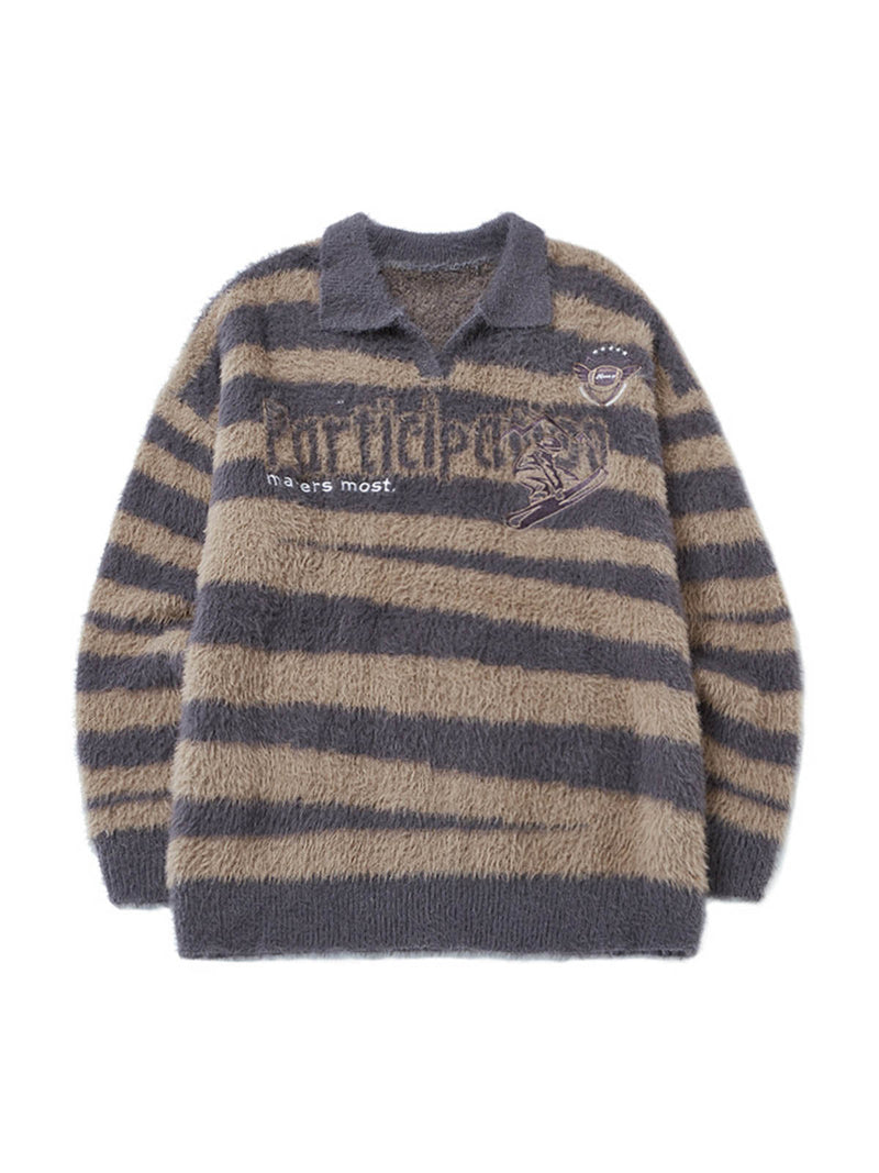 Letter Embroidered Faux Mink Fur Knit Polo Sweater