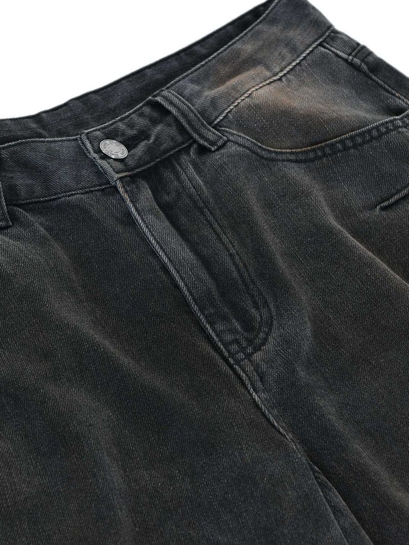 Washed Pleated Straight Jeans