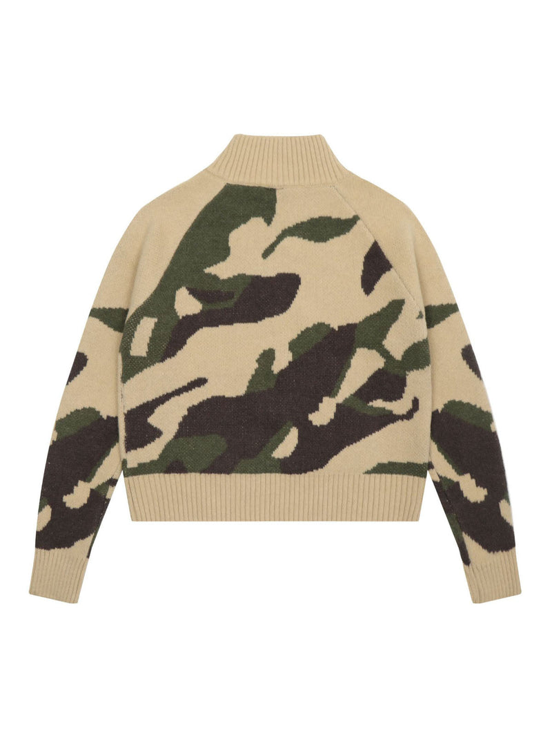 Camouflage Stand Collar Zip Up Cardigan Sweater