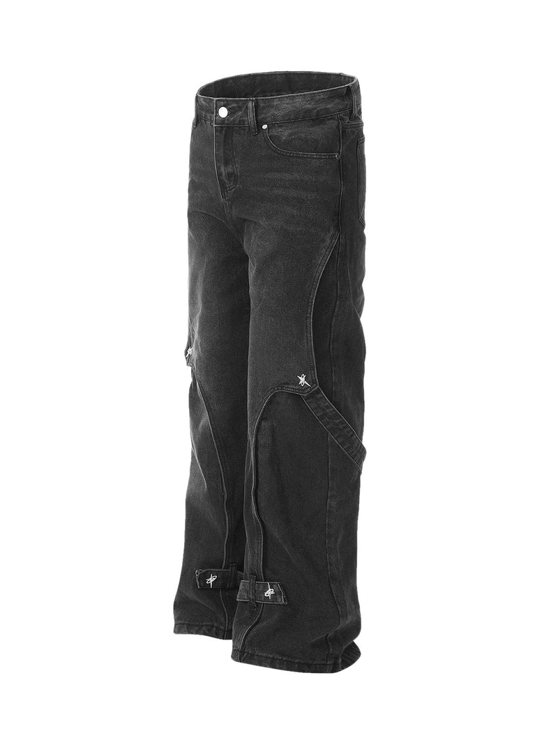 Washed Distressed Deconstructed Split Work Jeans