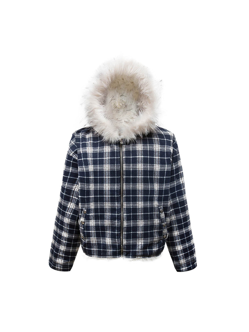 Plaid Sherpa Lined  Fur Hooded Jacket