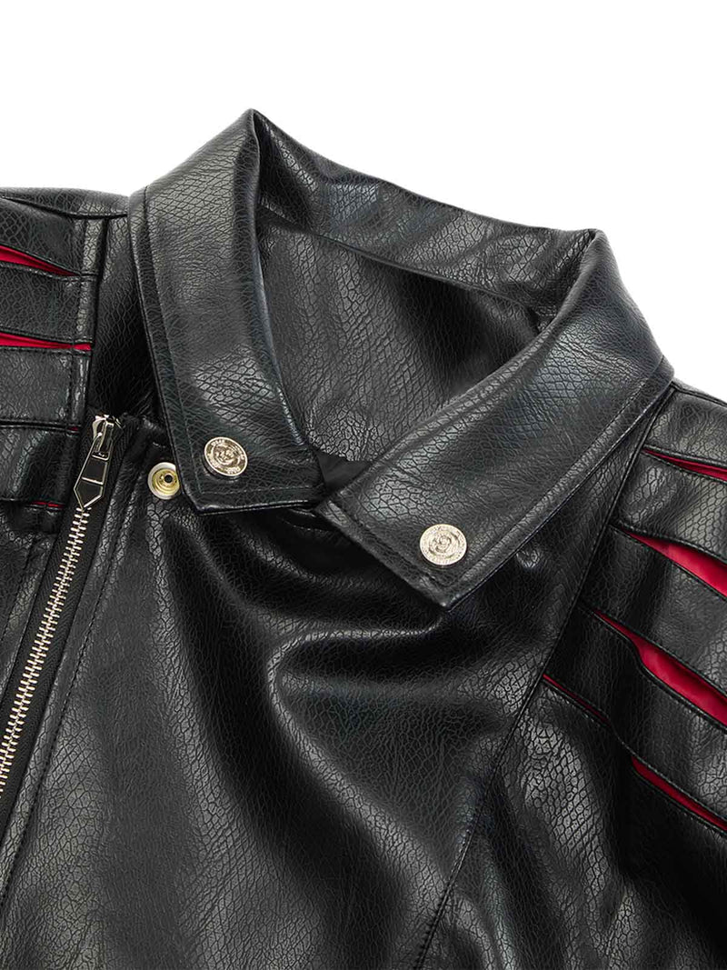 Paneled Spine Pleated Cropped Leather Biker Jacket