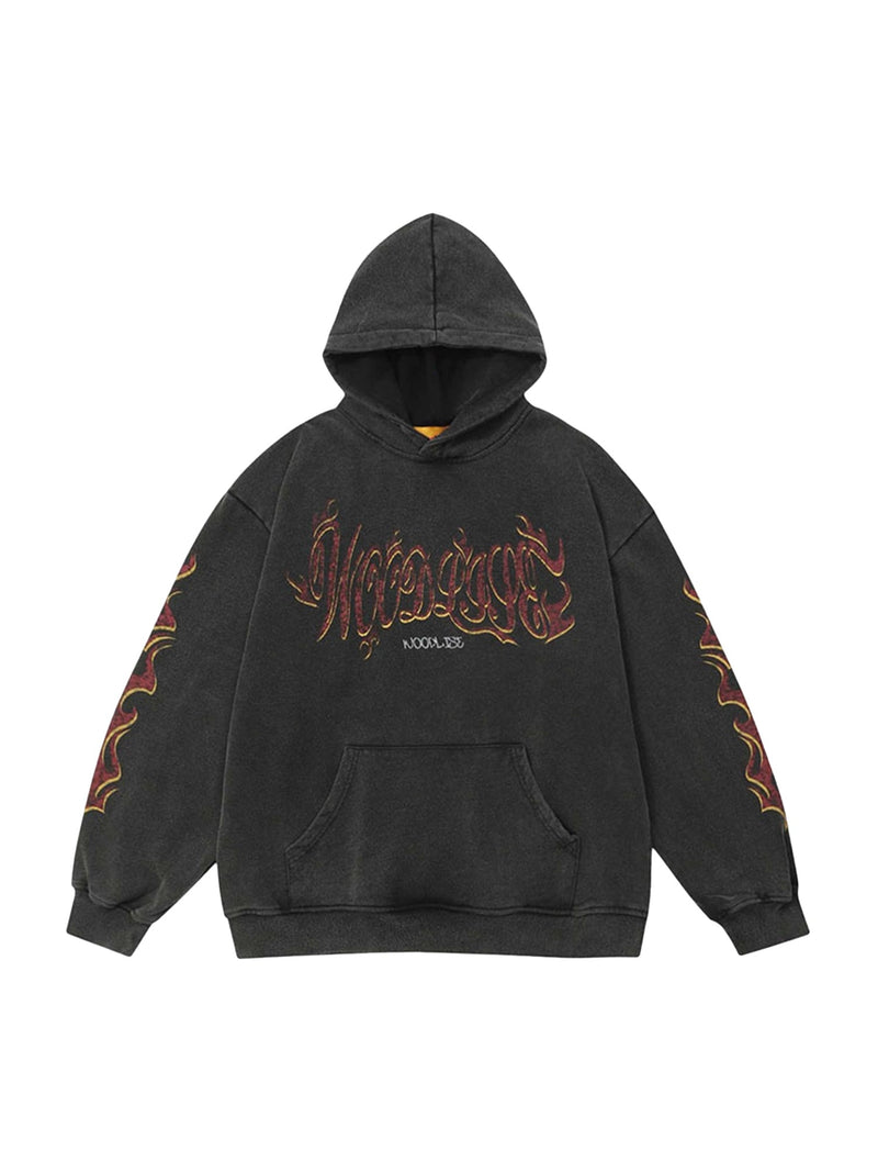 Flame Letter Washed Hooded Sweatshirt