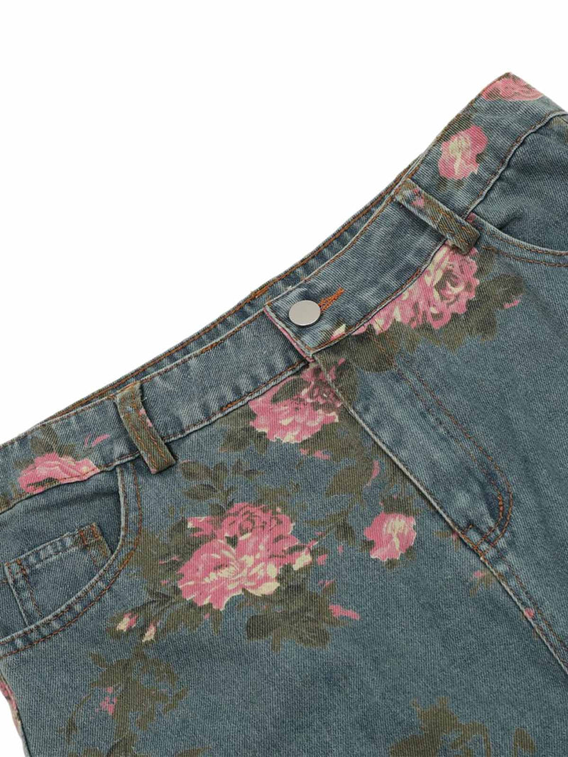 Floral Print Straight Jeans