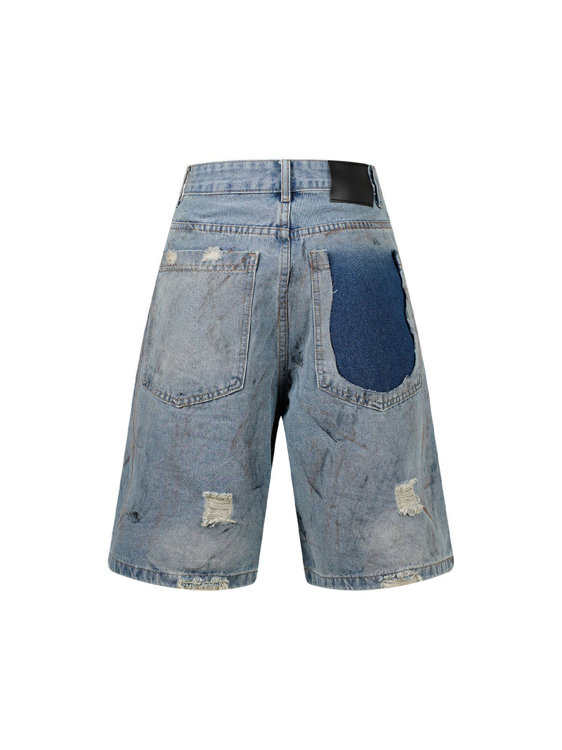 Washed Distressed Dirty-Dyed Ripped Denim Shorts