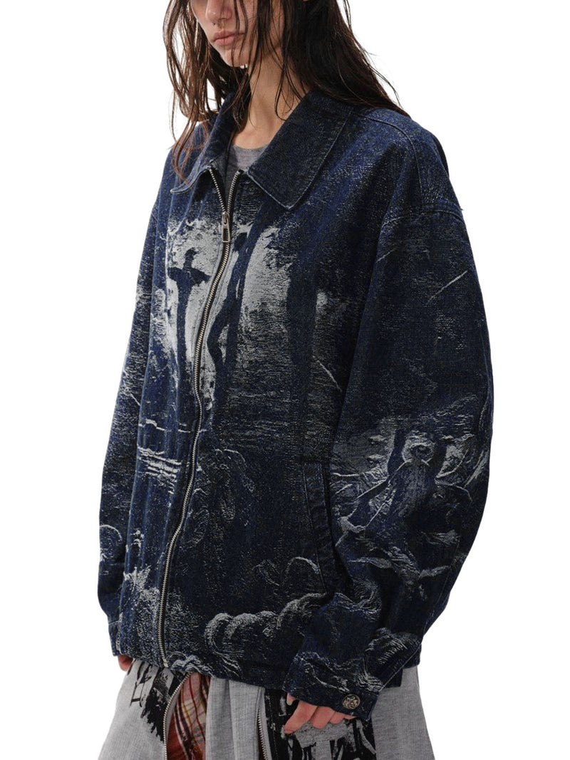 Cross Jacquard Zip Up Denim Jacket